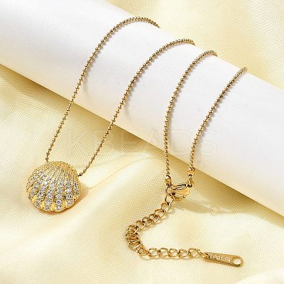 304 Stainless Steel Pave Clear Glass Rhinestone Shell Shape Pendant Ball Chain Necklaces for Women NJEW-K255-53G-1