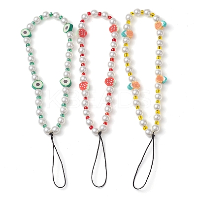 3Pcs Fruits Polymer Clay & Imitated Pearl & Glass Beaded Mobile Straps HJEW-JM01641-1