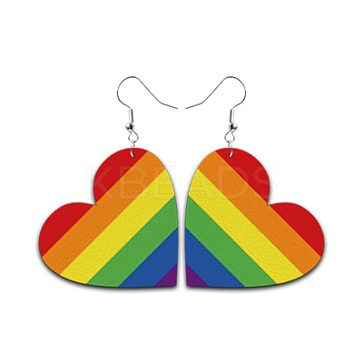 Rainbow Color Pride Flag PU Leather Heart Dangle Earrings RABO-PW0001-018B-1
