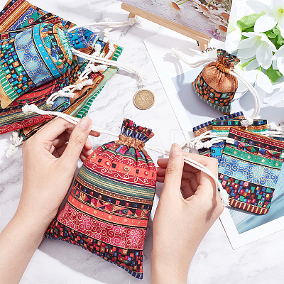 12Pcs 12 Styles Bohemian Rectangle Geometric Print Linenette Drawstring Bags ABAG-NB0001-89-1