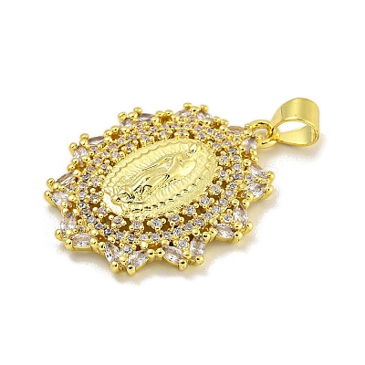 Virgin Mary Theme Rack Plating Brass Micro Pave Cubic Zirconia Pendants KK-C074-23G-02-1