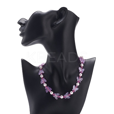 Acrylic Butterfly & Plastic Pearl Braided Beaded Necklace for Women NJEW-JN04053-1