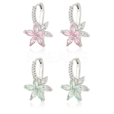2 Pairs 2 Colors Cubic Zirconia Flower Hoop Earrings EJEW-FI0001-23-1