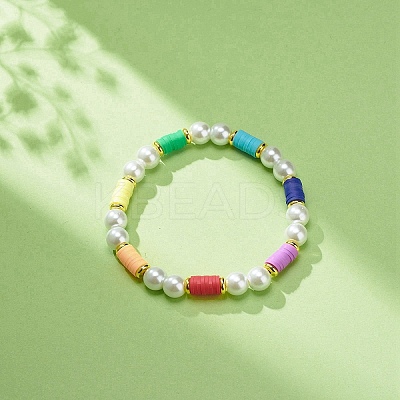 Polymer Clay Heishi & Glass Pearl & Brass Beaded Stretch Bracelet for Women BJEW-JB08754-1
