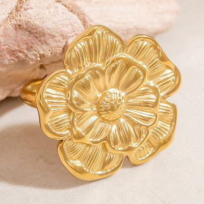 Flower 304 Stainless Steel Adjustable Cuff Rings for Women RJEW-M103-04B-G-1
