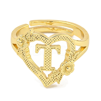 Heart with Letter & Flower Rack Plating Brass Adjustable Rings for Women RJEW-I105-05G-T-1