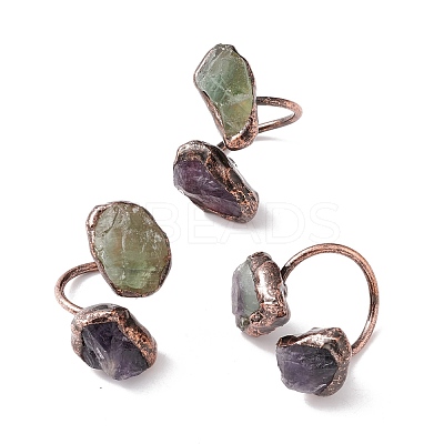 Natural Fluorite & Amethyst Irregular Nugget Open Cuff Ring RJEW-I082-08R-01-1