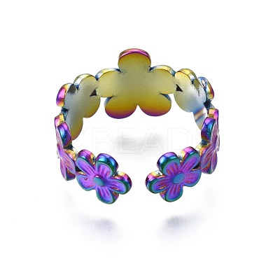 304 Stainless Steel Sunflower Cuff Ring RJEW-N038-096-1
