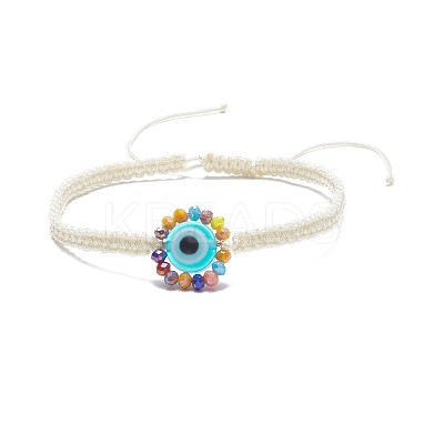 Flat Round with Evil Eye Glass & Resin Braided Bead Bracelet for Women BJEW-JB08077-1