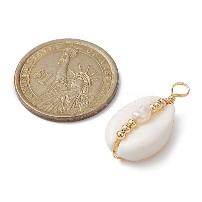 Natural Cowrie Shell Copper Wire Wrapped Pendants PALLOY-JF02277-02-1
