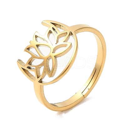 Ion Plating(IP) 304 Stainless Steel Hollow Lotus Adjustable Ring for Women RJEW-M149-30G-1