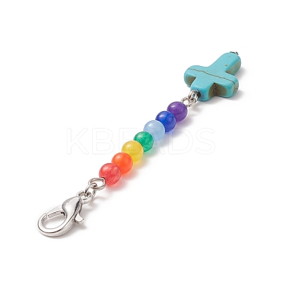 Synthetic Turquoise Cross with Natural Dyed Malaysia Jade Round Beaded Pendant Decoration HJEW-JM00940-1