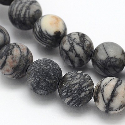 Frosted Round Natural Black Polychrome Jasper/Picasso Stone/Picasso Jasper Beads Strands G-N0166-44-8mm-1