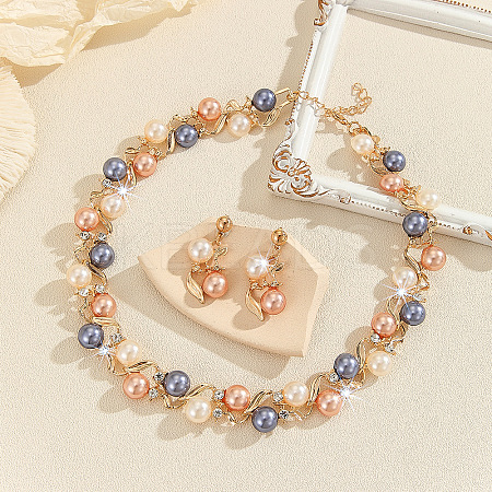 Alloy with Plastic Pearl Round Beaded Link Chain Necklaces & Stud Dangle Earrings Sets WG2621B-01-1