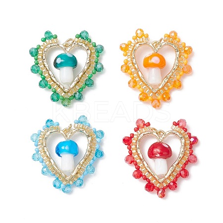 Mushroom Handmade Lampwork with Grade A Round Glass Seed Beads and Rack Plating Alloy Open Back Bezel Pendants and Electroplate Glass Beads Pendants PALLOY-MZ00689-1
