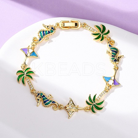 Ocean Theme Brass Cubic Zirconia with Enamel Link Bracelets for Women BJEW-F514-01B-G-1