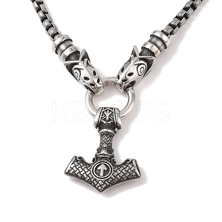 304 Stainless Steel Wolf Head King Box Chain Viking Mjolnir Thor Hammer Pendant Necklaces for Men NJEW-K278-01AS-1