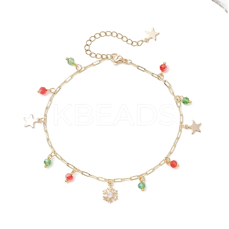 Christmas Brass Pave Clear Cubic Zirconia Snowflake & 304 Stainless Steel Star and Round Glass Tassel Brass Paperclip Chain Anklets AJEW-AN00753-1