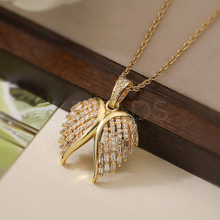 Brass Micro Pave Clear Cubic Zirconia Angel Wings Pendant Necklaces LS-NJEW-Z088-02G-1