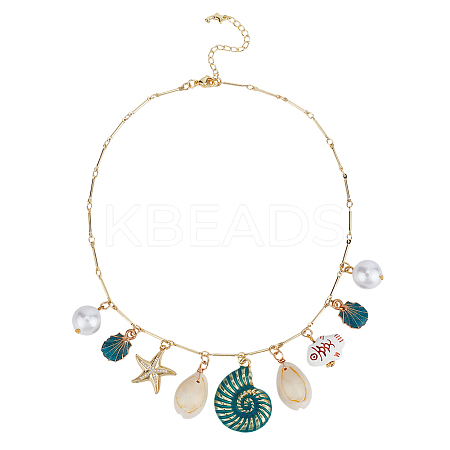 Natural Cowrie Shell & Alloy Enamel & Acrylic Pearl Pendant Necklaces NJEW-OC00003-1