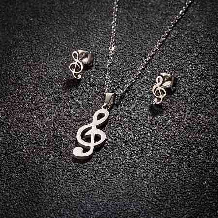 Stainless Steel Musical Note Stud Earrings & Pendant Necklaces Sets for Women PW-WG29B01-02-1