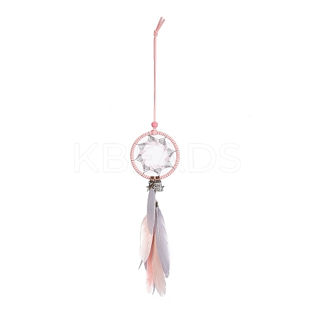 Handmade Round Leather Woven Net/Web with Feather Wall Hanging Decoration LS-HJEW-G015-03-1