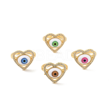 Cubic Zirconia Heart with Evil Eye Open Cuff Ring with Acrylic RJEW-B042-05G-1
