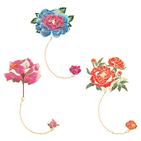 3Pcs 3 Styles Peony Flower Enamel Bookmarks AJEW-FH0004-51-1