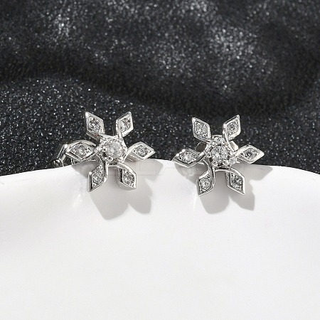 Flower Brass Micro Pave Clear Cubic Zirconia Stud Earrings LS-EJEW-F383-07P-1