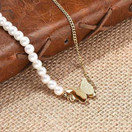 304 Stainless Steel & Plastic Pearl Butterfly Pendant Necklaces NJEW-U023-01G-1