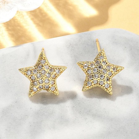 Star Brass Micro Pave Clear Cubic Zirconia Stud Earrings EJEW-A132-16G-1