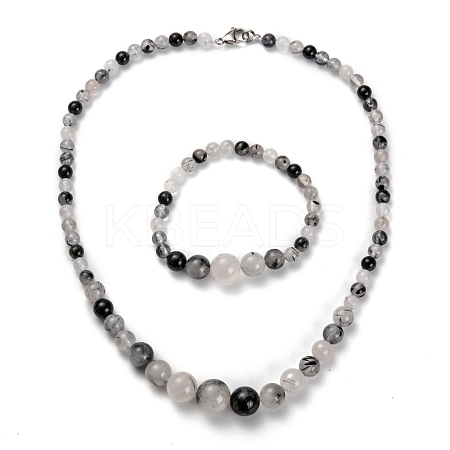 Natural Tourmalinated Quartz Graduated Beaded Necklaces & Stretch Bracelets Jewelry Sets SJEW-H304-01D-1