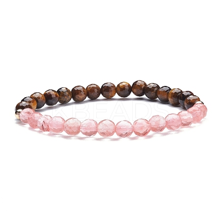 Cherry Quartz Glass & Tiger Eye Round Beads Stretch Bracelet for Women BJEW-JB07293-02-1