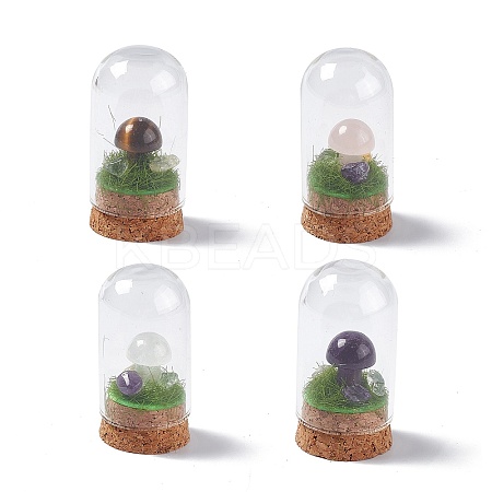 Natural Mixed Stone Mushroom Display Decoration with Glass Dome Cloche Cover G-E588-03-1