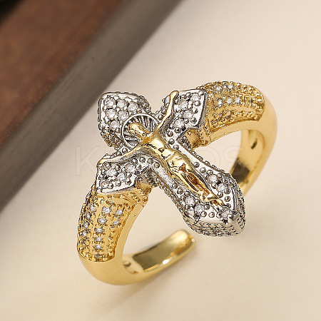 Crucifix Cross Brass Micro Pave Clear Cubic Zirconia Adjustable Cuff Rings LS-RJEW-Z104-01GP-1