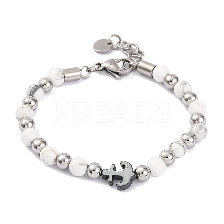 Natural Howlite & Synthetic Magnetic Hematite Anchor Beaded Bracelet BJEW-P339-01P-07-1