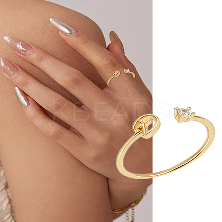 1Pc Letter Brass Rhinestone Open Cuff Rings for Women AJEW-LP0004-47D-G-1