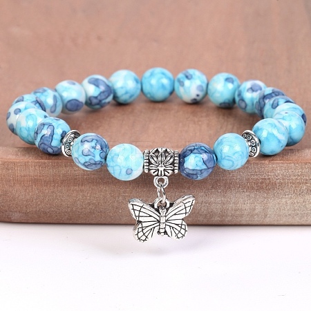 8MM Round Natural Blue Rain Jasper Beaded Stretch Bracelets with Alloy Butterfly Charms FQ7211-10-1