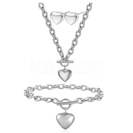 Heart 304 Stainless Steel Pendant Necklaces & Charm Bracelets & Stud Earrings Sets FS-WGBF13B-04-1