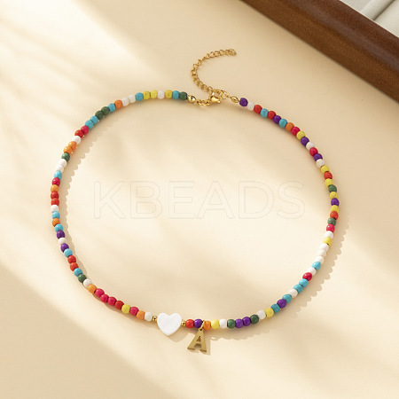 Heart Natural Shell & Colorful Glass Seed Round Beaded Necklaces FS-WGE10D5-01-1