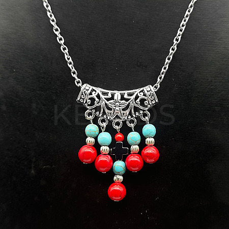 Ethnic Style Alloy with Synthetic Turquoise Tassel Pendant Necklaces for Women LS9593-1