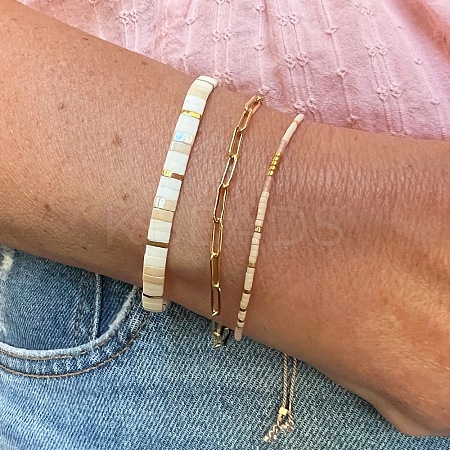 3Pcs 3 Styles 304 Stainless Steel Paperclip Chain Bracelets & Glass Seed Bead Stretch & Slider Bracelets for Women SL8246-1-1
