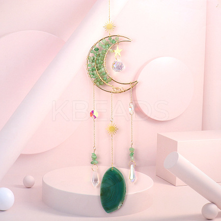 Wire Wrapped Natural Green Aventurine Moon with Tree of Life Pendant Decorations HJEW-K046-07G-04-1