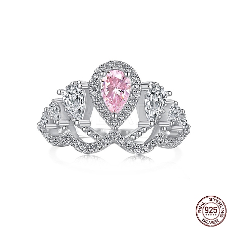 Rhodium Plated 925 Sterling Silver Pave Pink Cubic Zirconia Hollow Finger Ring for Women RJEW-F150-07B-P-1