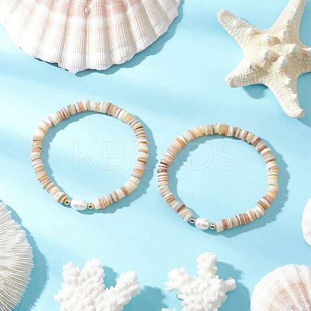 2Pcs Natural Cultured Freshwater Pearl & Shell & Brass Spacer Beads Stretch Bracelets for Women BJEW-JB11874-1