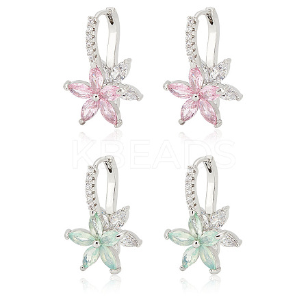 2 Pairs 2 Colors Cubic Zirconia Flower Hoop Earrings EJEW-FI0001-23-1