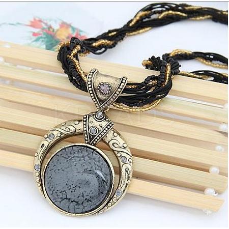 Bohemian Style Flat Round Alloy & Resin Imitation Gems Pendant Necklaces WG23E28-04-1
