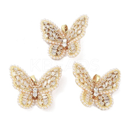 Rack Plating Brass Micro Pave Clear Cubic Zirconia with Plastic Imitation Pearl Pendants KK-G482-03G-1