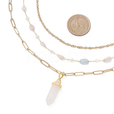 Natural Quartz Crystal Double Terminated Pointed Bullet Pendant 304 Stainless Steel & Brass Chain 3 Layer Necklaces for Women NJEW-JN05477-03-1