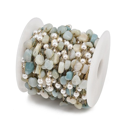 Natural Flower Amazonite Nuggets & 316 Stainless Steel Handmade Link Chains CHS-K021-14G-09-1